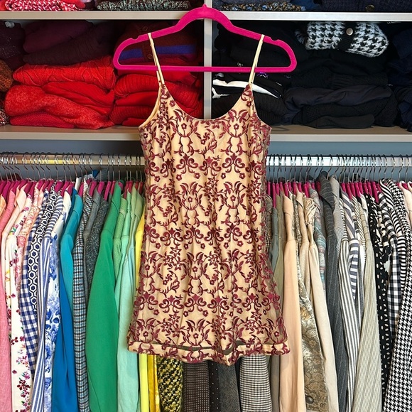 Saks Fifth Avenue tan and red spaghetti strap mini dress size SP - Picture 1 of 3